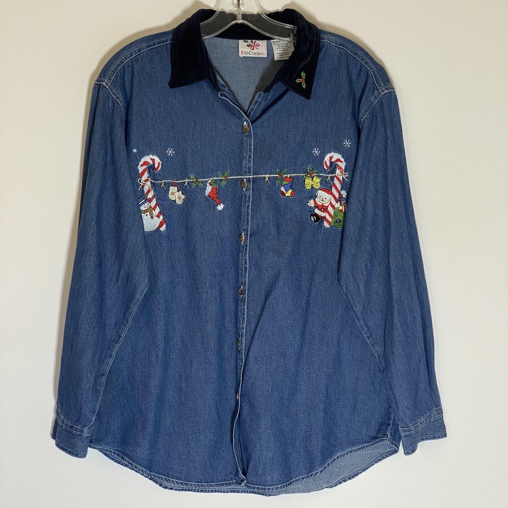 NutCracker Top Women Medium Denim Christmas Embroidered Velvet Collar Candy Cane